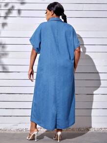 SHEIN SXY Plus Batwing Sleeve Pocket Patched Denim Dress - Medium Wash - View 2