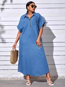 SHEIN SXY Plus Batwing Sleeve Pocket Patched Denim Dress - Medium Wash - View 3