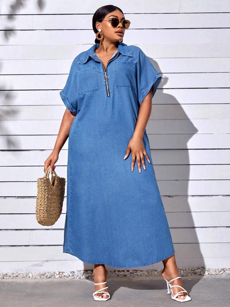 SHEIN SXY Plus Batwing Sleeve Pocket Patched Denim Dress - Medium Wash - View 3