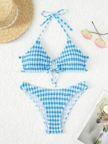 格紋打褶掛脖比基尼泳裝