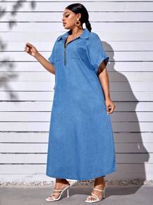 SHEIN SXY Plus Batwing Sleeve Pocket Patched Denim Dress - Medium Wash - View 4