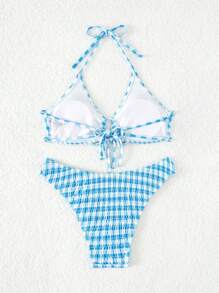 格紋打褶掛脖比基尼泳裝