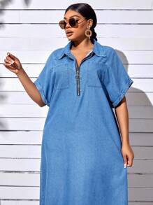 SHEIN SXY Plus Batwing Sleeve Pocket Patched Denim Dress - Medium Wash - View 5