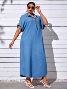 SHEIN SXY Plus Batwing Sleeve Pocket Patched Denim Dress - Medium Wash - View 6