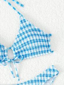 格紋打褶掛脖比基尼泳裝