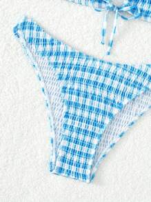 格紋打褶掛脖比基尼泳裝