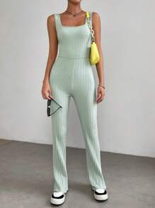 Muchica Solid Ribbed Knit Tank Jumpsuit - Green - View 1