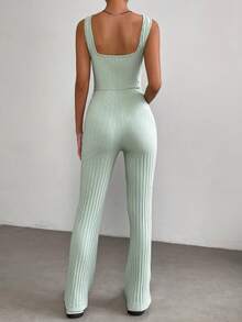 Muchica Solid Ribbed Knit Tank Jumpsuit - Green - View 2