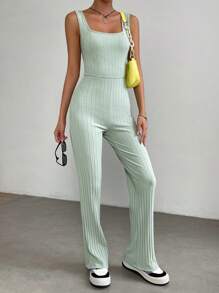 Muchica Solid Ribbed Knit Tank Jumpsuit - Green - View 5