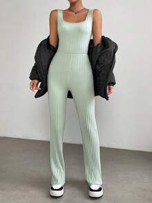 Muchica Solid Ribbed Knit Tank Jumpsuit - Green - View 6