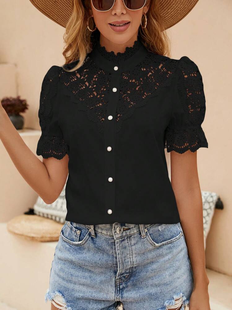 SHEIN Frenchy Contrast Lace Button Front Puff Sleeve Blouse Summer Elegant Black - Black - View 1