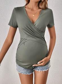 SHEIN Maternity Solid Wrap Cross Tee - Mint Green - View 3