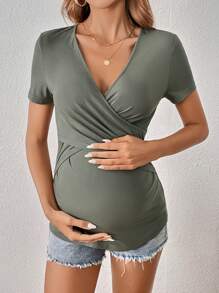 SHEIN Maternity Solid Wrap Cross Tee - Mint Green - View 4