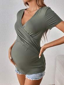 SHEIN Maternity Solid Wrap Cross Tee - Mint Green - View 6