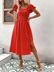 SHEIN VCAY Square Neck Butterfly Sleeve Split Thigh Dress - Burnt Orange - View 1