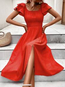 SHEIN VCAY Square Neck Butterfly Sleeve Split Thigh Dress - Burnt Orange - View 3