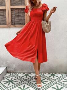 SHEIN VCAY Square Neck Butterfly Sleeve Split Thigh Dress - Burnt Orange - View 6