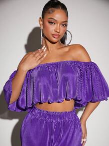 SHEIN SXY Áo nữ Xếp li màu trơn Giải trí - Màu tím  Violet - Xem 1