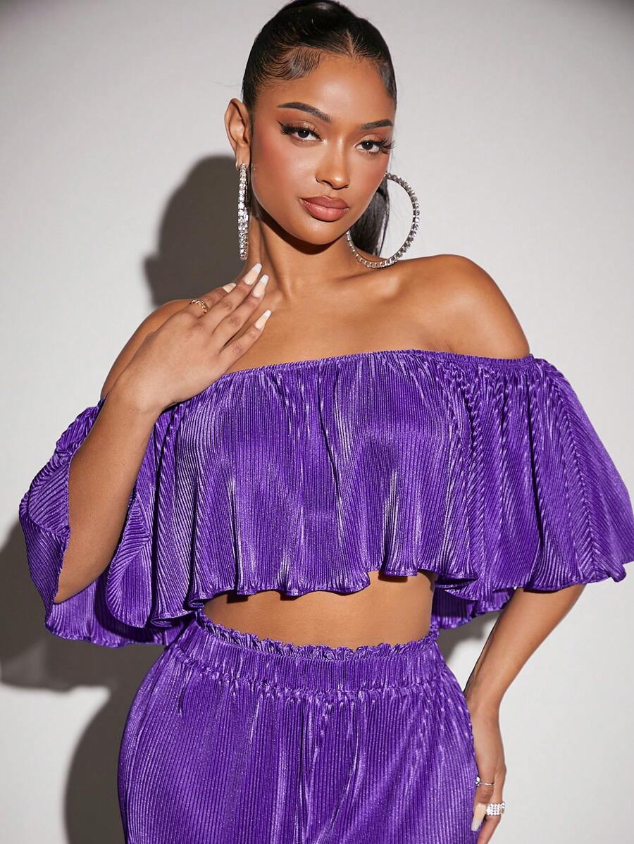 SHEIN SXY Áo nữ Xếp li màu trơn Giải trí - Màu tím  Violet - Xem 1