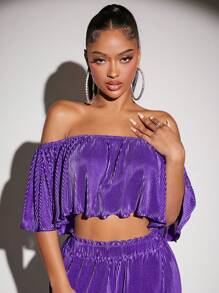 SHEIN SXY Áo nữ Xếp li màu trơn Giải trí - Màu tím  Violet - Xem 4