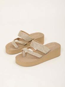 Vacation Wedge Slide Sandals For Women, Colorblock Toe Post Sandals - Apricot - View 6