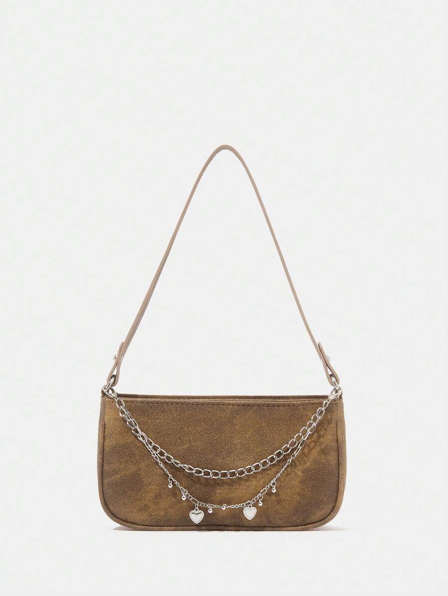 SHEIN ICON 棕色的流浪包鏈條裝飾時尚單肩包 - 棕色 - 查看 1