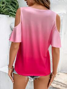 SHEIN VCAY Camiseta de ombré de hombros descubiertos con diseño de nudo - Rosa Fucsia - Ver 3