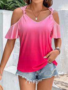 SHEIN VCAY Camiseta de ombré de hombros descubiertos con diseño de nudo - Rosa Fucsia - Ver 5