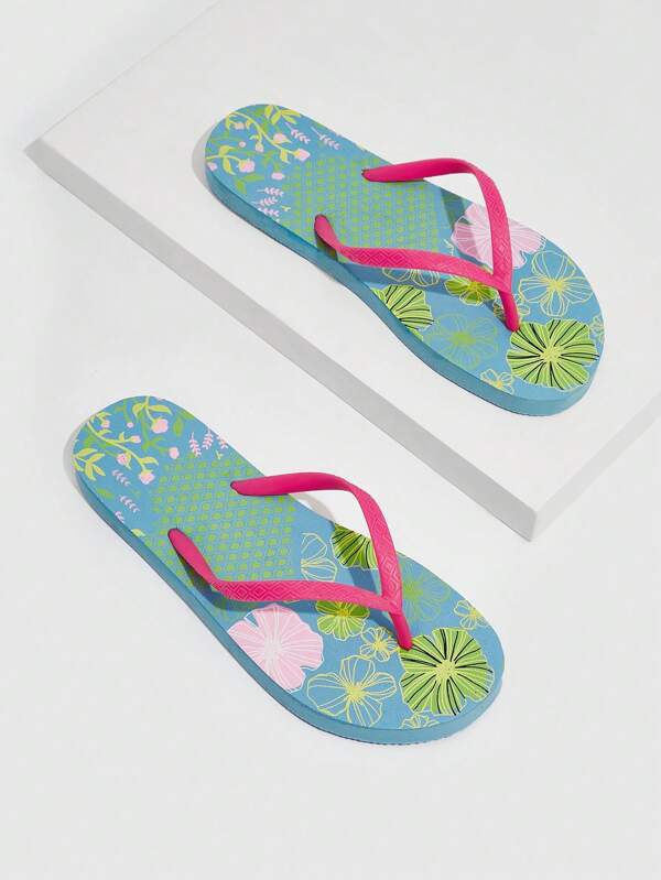 Woman Shoes Floral Pattern Toe Post Flip-Flops, Fashion Outdoor PVC Flip Flops For Summer Vacation Shoes Summer New Year Holiday For Casual Beach Style