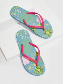 女士鞋花卉图案趾柱人字拖，时尚户外 PVC 人字拖，夏季度假鞋夏季促销圣诞节秋季新年假期 - 玫紅色 - 查看 3