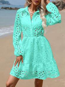 SHEIN VCAY 網眼刺繡荷葉邊襯衫連衣裙 - 薄荷綠 - 查看 1