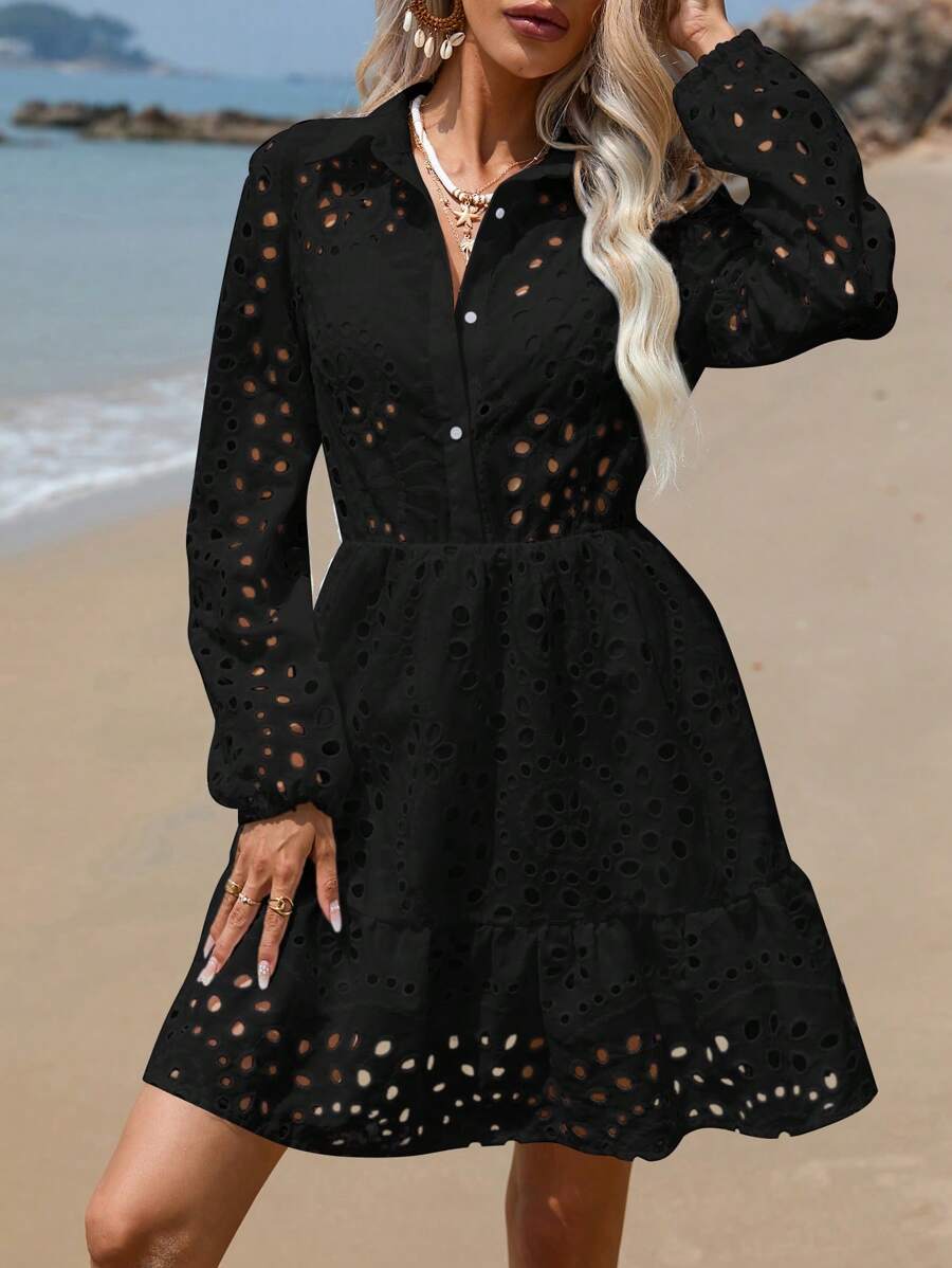 GENKIRA 網眼刺繡荷葉邊襯衫連衣裙 - 黑色 - 查看 1