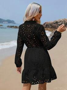 GENKIRA 網眼刺繡荷葉邊襯衫連衣裙 - 黑色 - 查看 2