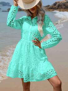 SHEIN VCAY 網眼刺繡荷葉邊襯衫連衣裙 - 薄荷綠 - 查看 3