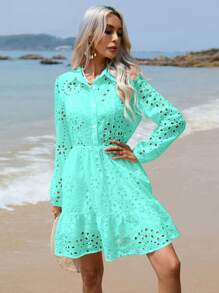 SHEIN VCAY 網眼刺繡荷葉邊襯衫連衣裙 - 薄荷綠 - 查看 4