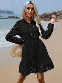 GENKIRA 網眼刺繡荷葉邊襯衫連衣裙 - 黑色 - 查看 4