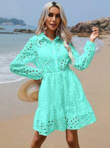 SHEIN VCAY 網眼刺繡荷葉邊襯衫連衣裙 - 薄荷綠 - 查看 5