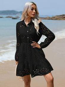 GENKIRA 網眼刺繡荷葉邊襯衫連衣裙 - 黑色 - 查看 5