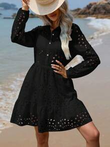 GENKIRA 網眼刺繡荷葉邊襯衫連衣裙 - 黑色 - 查看 6