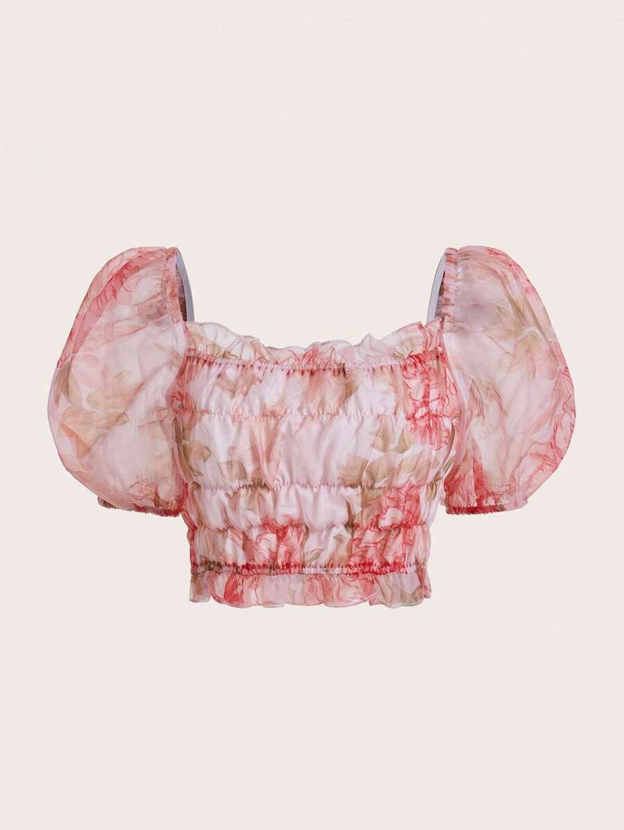 SHEIN MOD Floral Print Puff Sleeve Crop Blouse - Pink - View 1