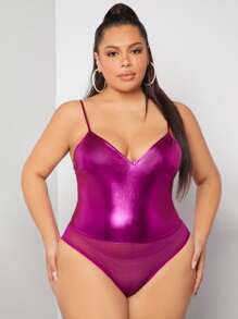 SHEIN SXY Áo liền quần chặt Kích thước lớn cắt Tương phản Mesh màu trơn Gợi cảm - Màu đỏ tím - Xem 1