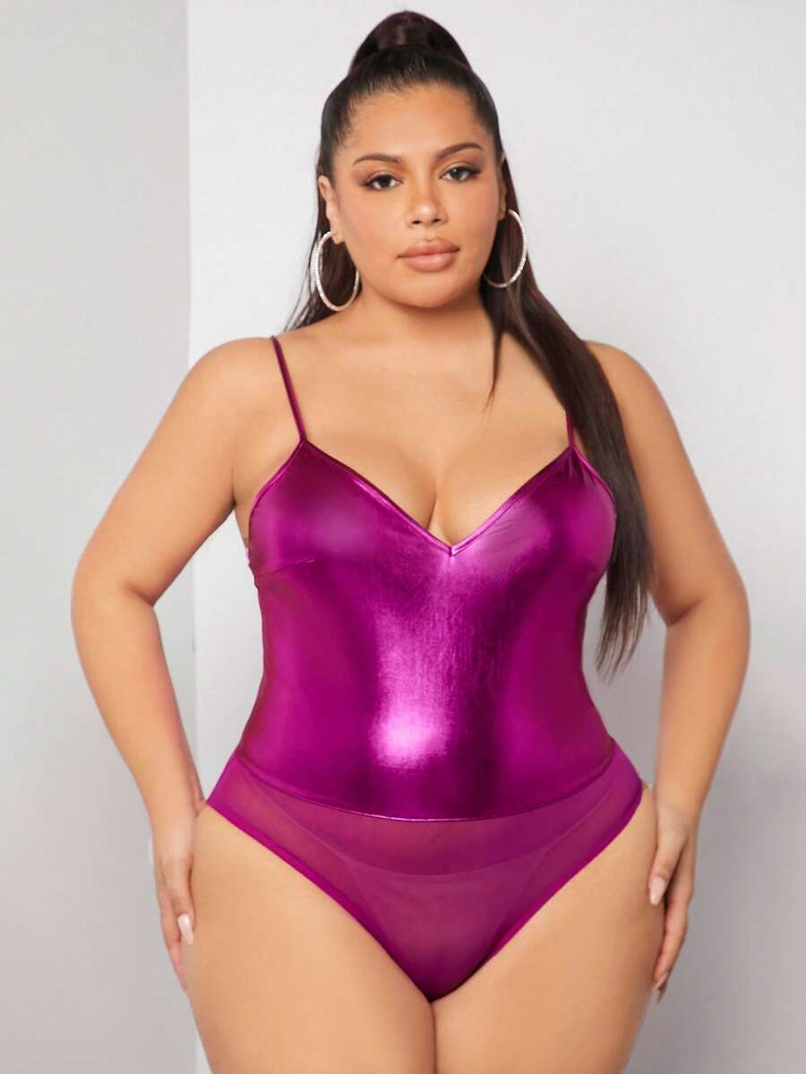 SHEIN SXY Áo liền quần chặt Kích thước lớn cắt Tương phản Mesh màu trơn Gợi cảm - Màu đỏ tím - Xem 1