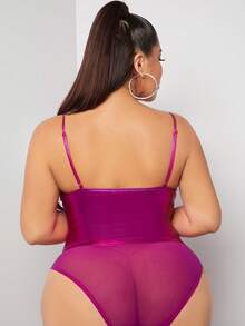 SHEIN SXY Áo liền quần chặt Kích thước lớn cắt Tương phản Mesh màu trơn Gợi cảm - Màu đỏ tím - Xem 2