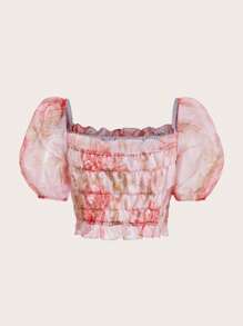 SHEIN MOD Floral Print Puff Sleeve Crop Blouse - Pink - View 2