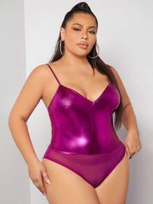 SHEIN SXY Áo liền quần chặt Kích thước lớn cắt Tương phản Mesh màu trơn Gợi cảm - Màu đỏ tím - Xem 3