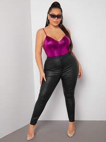 SHEIN SXY Áo liền quần chặt Kích thước lớn cắt Tương phản Mesh màu trơn Gợi cảm - Màu đỏ tím - Xem 4