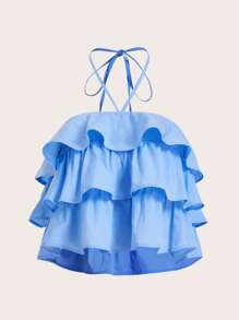 SHEIN MOD 荷葉邊繞頸短上衣 - 藍色 - 查看 1