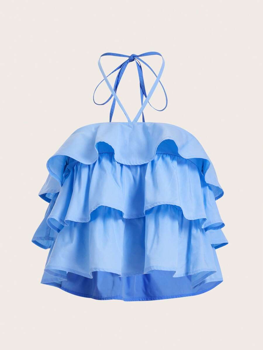 SHEIN MOD 荷葉邊繞頸短上衣 - 藍色 - 查看 1