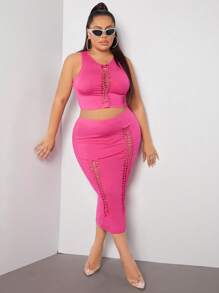 SHEIN SXY 大碼前交叉背心上衣和鉛筆裙 - 玫紅色 - 查看 3