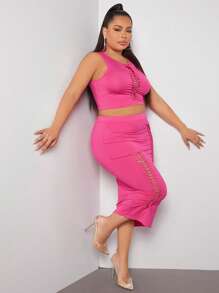 SHEIN SXY 大碼前交叉背心上衣和鉛筆裙 - 玫紅色 - 查看 1